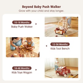 Adjustable Height & Speed Wooden Baby Walker with Tool Bench and Toy Storage Wagon - Multifunctional Toddler Push Walker Ergonomically Designed for Natural Walking - 3+ Years of Continuous Use(Red)