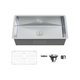 Bathenum 30-inch Undermount Single Bowel Kitchen Sink, Handmade 16 Gauge Stainless Steel Kitchen Sink 30” x 18" Deep Sink with Drain Kit and Bottom Grid, Brushed