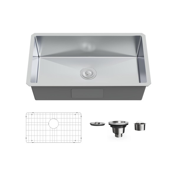Bathenum 30-inch Undermount Single Bowel Kitchen Sink, Handmade 16 Gauge