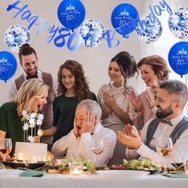 Men 80th Birthday Decorations Blue Happy 80th Birthday Banner Including 12 Pack 12” Latex Printed Balloons Women Men 80th Birthday Party Decorations Supplies