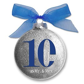 10th Wedding Anniversary Christmas Ornament, 10 Years as Mr & Mrs, Gift for Married Couple, Anniversary Keepsake, Traditional Glitter Bauble with Blue Organza Bow (10th Anniversary)