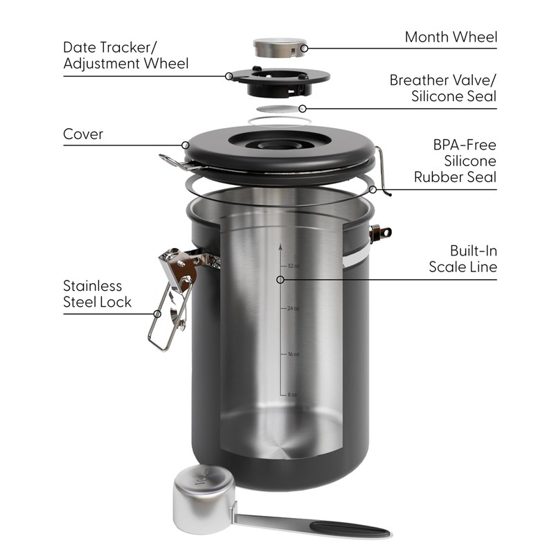 Veken 38oz Large Coffee Canister with Window, Airtight Stainless Steel,