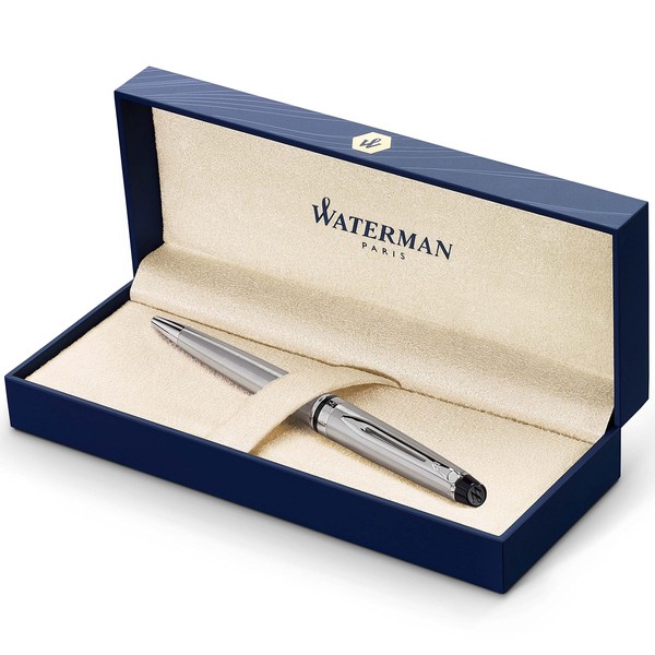 Waterman Expert Ballpoint Pen, Stainless Steel with Chrome Trim, Medium Nib with Blue Ink Cartridge, Gift Box