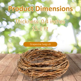 6 PCS Grapevine Garland, 15 Feet Natural Grapevine Wreath for DIY Craft, Handwoven Round Vine Rattan Wreaths for Weddings, Holidays, Party & Front Door Wall Decor