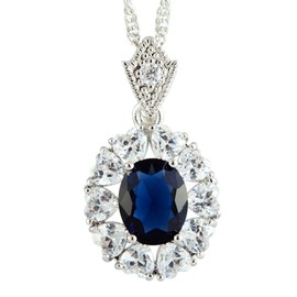 RIZILIA Oval Simulated Blue Sapphire Heart CZ 18K White Gold Plated Slide Pendant Necklace Chain