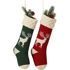 Guojanfon Christmas Stockings,Big Size 2Pack 18-Inch Extra Long Hand-Knitted Red/Green Reindeer Snowflakes Xmas Character for Family Holiday Season Decor