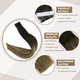 Full Shine Tape in Human Hair Extensions 16 Inch Black Roots Remy Human Hair Skin Weft Hair Extensions 1B Fading to 6 and 27 Honey Blonde Hair Extensions 20 Pieces 50 Grams Tape in Hair Extensions