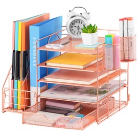 Marbrasse Rose Gold Desk Organizer with File Holder, 5-Tier Paper Letter Tray Organizer with Drawer and 2 Pen Holder, Mesh Desktop Organizer and Storage with Magazine Holder for Office Supplies