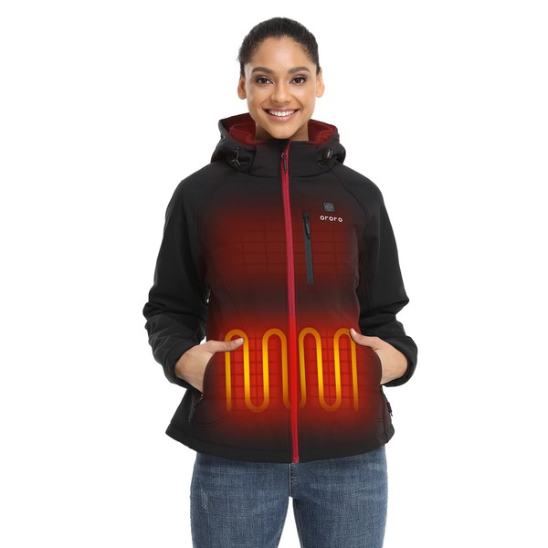 ORORO [Upgraded Battery] Women's Heated Jacket with 4 Heat Zones and Battery Pack (Black/Red,L)
