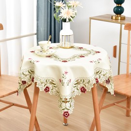 Wolkemer Jacquard Floral Small Square Tablecloth Little Rose Embroidered Lace Beige Table Cover for Home Dining Kitchen Decor 33 x 33 inch