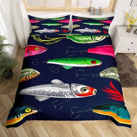 Fish Pattern Duvet Cover Fish Hook Fishing Bedding Set for Kids Boys Girls Teens Decor Ocean Beach Themed Comforter Cover Sea Underwaterworld World Bedspread Cover 2Pcs Zipper Twin Size