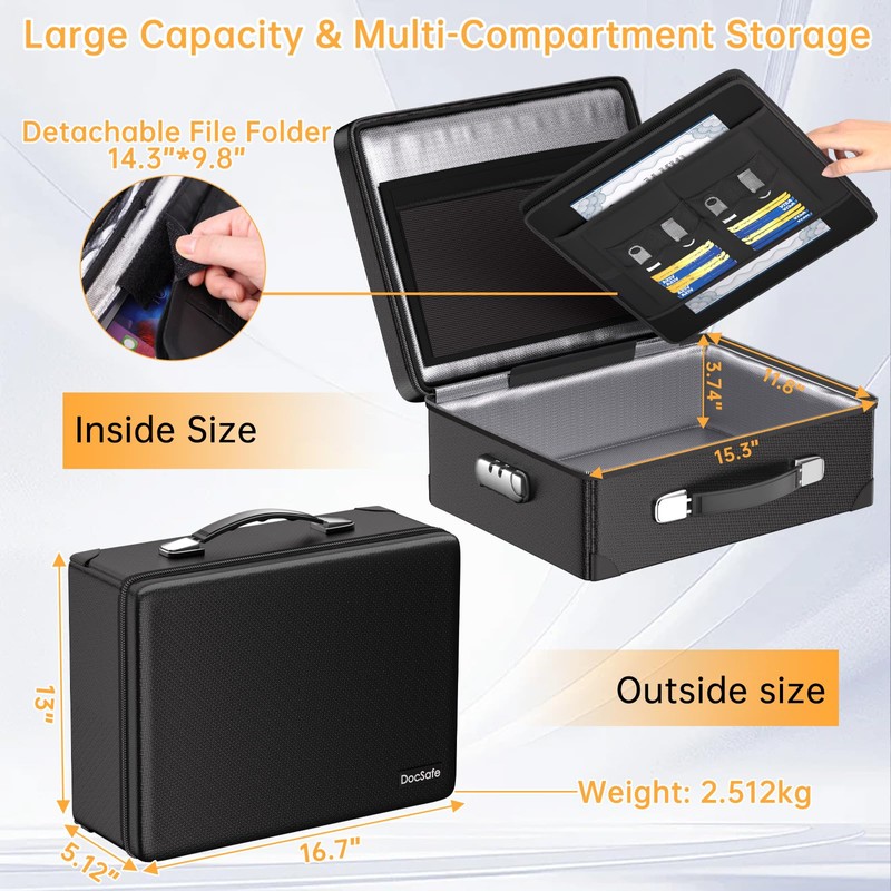 DocSafe 6400°F Fireproof Document Box with Lock,Heat Insulated Fireproof Water