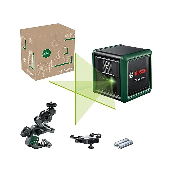 Bosch Cross line Laser Quigo Green with Universal clamp MM 2 (Green Laser for Better Visibility, housing Made of Recycled Plastic, in E-Commerce Cardboard Box)