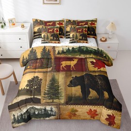 Erosebridal Rustic Farmhouse Comforter Set 7 Pcs King,Retro Cabin Lodge Down Comforter,Hunting Bear Deer Bed in a Bag,Country Maple Leaves Duvet Insert,Rustic Woodland Pine Tree Sheets,Red Brown