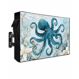 DOME-SPACE Marine Life Octopus Retro Outdoor TV Cover for Outside Flat Screen Televisions,Sea Flower Starfish Nautical Weatherproof TV Screen Protector with Zipper for 60 to 65 Inch Screens