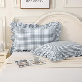 Silnuo Light Blue Plaid Ruffle Pillow Shams Queen Size Set of 2,Washed Cotton Shabby Checkered Gingham Pillow Covers 20x30 Inches