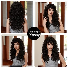 Looxey Curly Wig with Bangs for Women 20 Inch Dark Brown Curly Hair Wig Heat Resistant Soft Synthetic Wig for Women Daily Use Party Cosplay