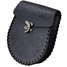 HiiFeuer Nordic Embossed Belt Bag, Retro Medieval Faux Leather Side Pocket, Portable Vintage Waist Bag for LARP Ren Faire, Fenrir Black, Retro