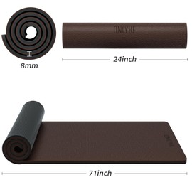 ONLYHE Yoga Mat Thick (8mm) Exercise Mat Non-Slip Ripstop Pilates Mat for Women and Men for Home, Barefoot Workout and Floor Workout with Strap (71 x 24 inch) (Dark coffee + black)