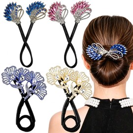 4 PCS Crystal Hair Bun Maker Feather Lazy Twist Hairstyle Bun French Hair Curler Elegant Rhinestone Hair Disk Fashion Hair Accessories for Long Hair, Easy Fast Snap Roll Hair Tool for Women Girls