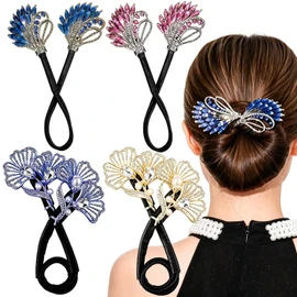 4 PCS Crystal Hair Bun Maker Feather Lazy Twist Hairstyle Bun French Hair Curler Elegant Rhinestone Hair Disk Fashion Hair Accessories for Long Hair, Easy Fast Snap Roll Hair Tool for Women Girls