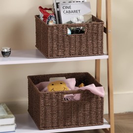 HOONEX Storage Baskets for Organizing, Decorative Round Paper Rope Woven Baskets for Storage with Carrying Handles, Set of 2, Dark Brown