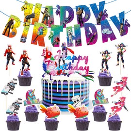 Huaxintoys Birthday Decorations Video Gaming, Game Theme Birthday Party Set Includes Birthday Party Banner and 13 Cupcake Toppers, Video Games Children's Birthday Decoration (B1)