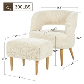 Accent Chair with Ottoman Teddy Fleece Upholstered Armchair Mid-Century Modern Comfortable Chairs and Ottoman Set with Wooden Legs for Living Room, Bedroom(Beige)