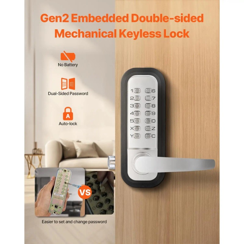 14-Key Mechanical Keyless Entry Smart Lock Double-Sided Stainless Steel Door