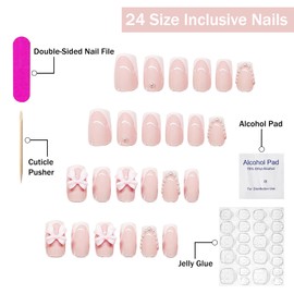 24 Pcs French Tip Press on Nails Medium Square Fake Nails with Bow Pearl Designs Pink Glossy Acrylic Nails Best False Nails Reusable Glue on Nails Full Cover Stick on Nails for Women Girls