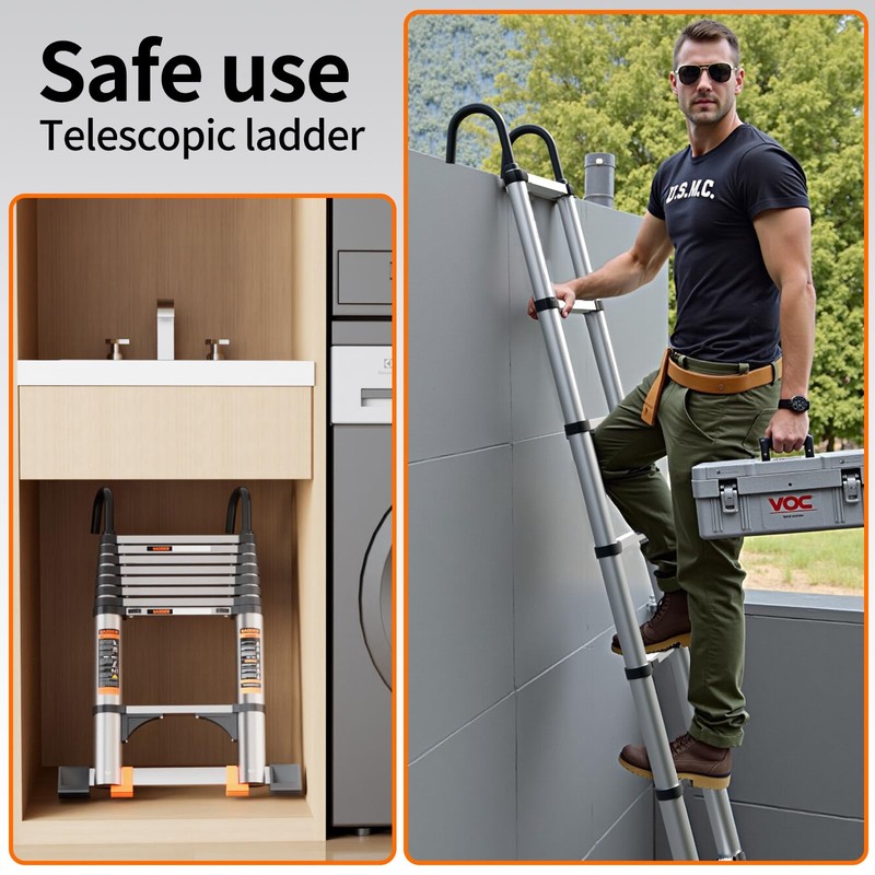 Telescoping Ladder,Aluminum with Stable Hook and stabilizer barand,12.5FT Lightweight Multi-Purpose