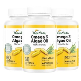 Vegan Vitality Omega 3 Algae Oil : 400mg DHA - for Heart, Joints, Brain Health, High Strength 180 Softgel Tablets, 6 Months Supply. Vegan Vitality's Algae Omega 3 - Vegans, Vegetarians DHA Supplement