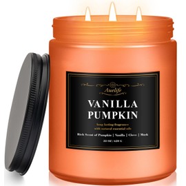 Auelife Fall Candle, Vanilla Pumpkin Scented Candles – 22oz Large 3-Wick Soy Candle, Long Lasting Autumn Aromatherapy Candles for Home Décor, Thanksgiving & Holiday Gift for Women & Men