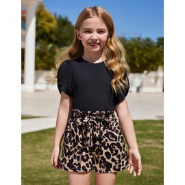 Arshiner Toddler Girls 2 Piece Outfits Summer Clothing Set Knit Short Sleeve Top and High Waist Paper Bag Short with Pockets