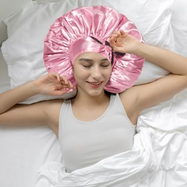JTMKYO 1 Double-Layered Sleeping Cap (Pink, Black) and 1 Storage Bag, Adjustable Hair Cap, Comfortable Satin Sleeping Cap, Hair Cap, Curling Cap.