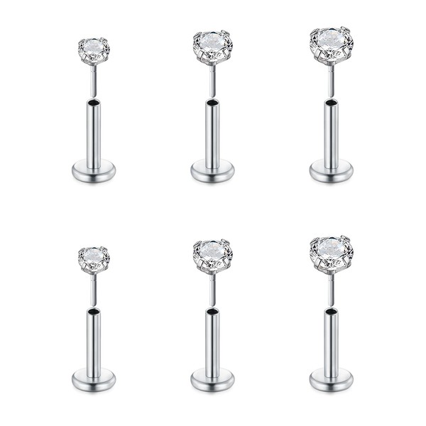 FECTAS 6pcs Threadless Push-In Cartilage Tragus Helix Piercing Jewellery Flat