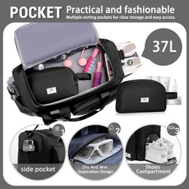 FIORETTO Women's Water-Resistant Gym Duffle Bag with Shoes Compartment, 37L Capacity, Multi-Functional, Ideal for Travel, Gym, Sports, Duffel, Weekender, Black(with Toiletry Bag)