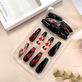 TBRZTR Valentine's Day Press on Nails Medium Red Love Heart Rose Design Holiday Acrylic Nails Full Cover Glossy False Nails Valentine's Gift Manicure Artificial Nails Glue o Nails for Women 24Pcs