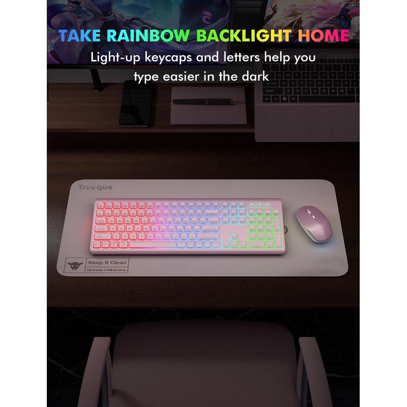 Wireless Keyboard and Mouse Combo - RGB Backlit, Rechargeable &