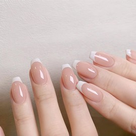 Short Ballet Shape Press on Nails Pink Acrylic Glossy Fake Nails Artificial Full Cover False Nails with White Curve Simple French Tips Designs Glue Stick on Nail Supplies for Women and Girls 24 Pcs