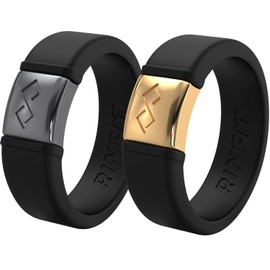 Rinfit Silicone Rings for Men - Mens/Women's Silicone Wedding Bands - Infinity Ring with Metal Plate - Rubber Rings Men/Women - Metalnfinity Collection - Black/Gold & Black/Gunmetal Gray - Size 10