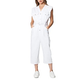 [BLANKNYC] Womens Sleeveless Belted White Denim Jumpsuit, Stylish & Designer Clothing, Head In The Clouds, Large