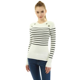 AmélieBoutik Women Crewneck Striped Military Button Embellished Pullover Sweater(Off-White Large)