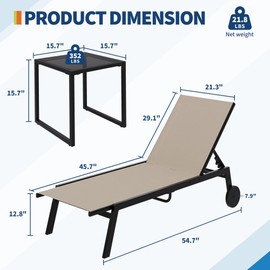 3Pcs Patio Chaise Lounge Chairs with Side Table, Adjustable Backrest Poolside Lounger Chairs with Wheels, Pool Outdoor Chaise Lounge Set of 3