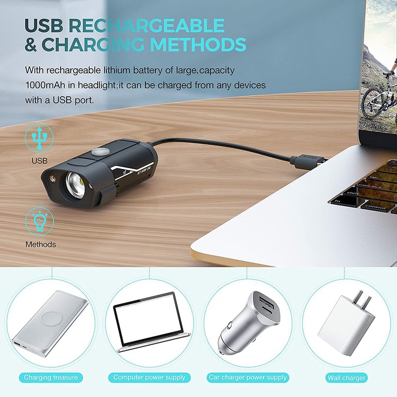 USB Rechargeable Bike Headlight and Back Light Set 600lm Bright