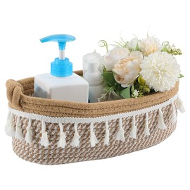 SOFPLATE 12.6 x 6.9 x 4 Inch Cotton Woven Basket Boho Organizer Bins Tan Macrame Bohemian Style Tassel Rope Small Storage Holder Basket Box for Home Bedroom Nursery Living room Entryway DIY Decoration