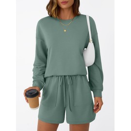 LILLUSORY Lounge Sets for Women Sweat Matching Two Piece Short Set Sweatsuits 2 Piece Casual Pajama Fall Fashion Outfits 2025 Clothes with Pocket Green M