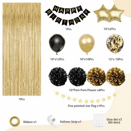 Birthday Decorations for Men Women, Gold and Black Party Decorations, Happy Birthday Banner with Black Gold Balloons Pom Poms Confetti Foil Fringe Curtains, Men Golden Birthday Party Decor
