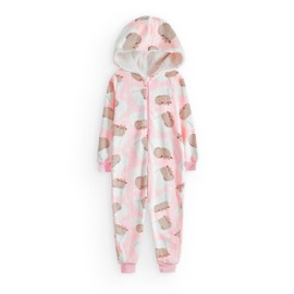 Pusheen The Cat Onesie Purr-fect For Girls | Kids Teens Pink All-Over Print Multi Brown Character OPTIONS Novelty Cat Pyjamas | Sherpa Fleece Hood with Zip 13-14 Years