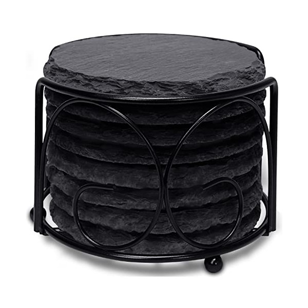 Slate Drink Coasters with Metal Holder, GOH DODD 4 Inch